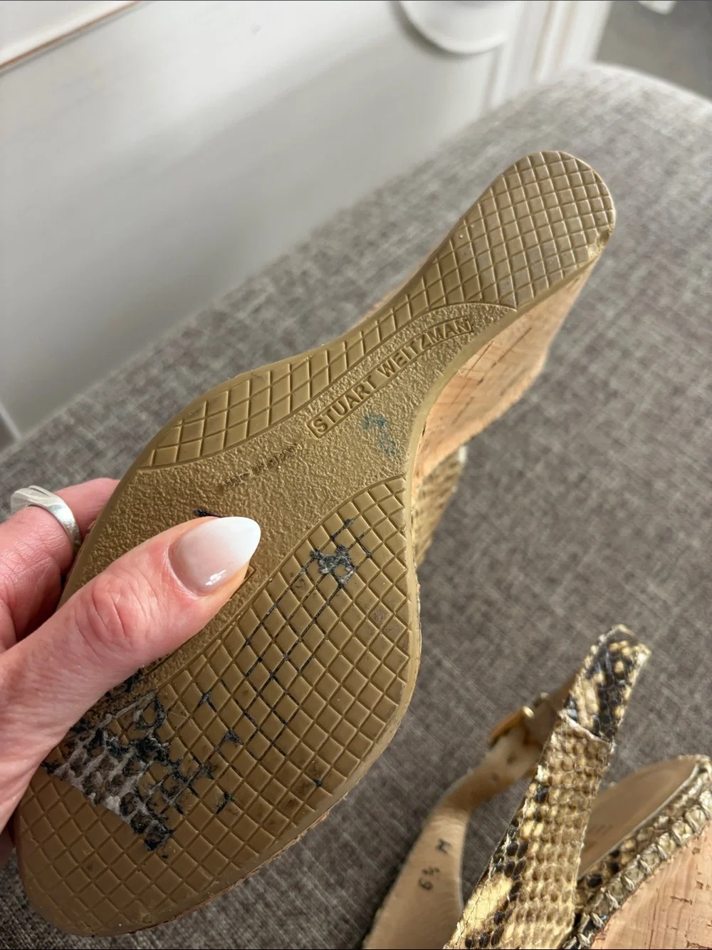 Peep-Toe Wedge Sandals in Snake Print Gold Stuart weitzman 6.5